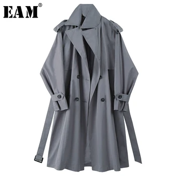 

[EAM] Women Gray Bandage Brief Big Size Trench New Lapel Long Sleeve Loose Fit Windbreaker Fashion Tide Spring 2020 1X188