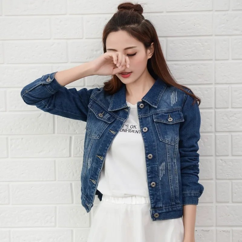 Весенне-осенняя модная женская джинсовая куртка ручная кисть с длинным рукавом стрейч короткая джинсовая куртка Белый Розовый пальто 2xl Xl - Цвет: dark blue
