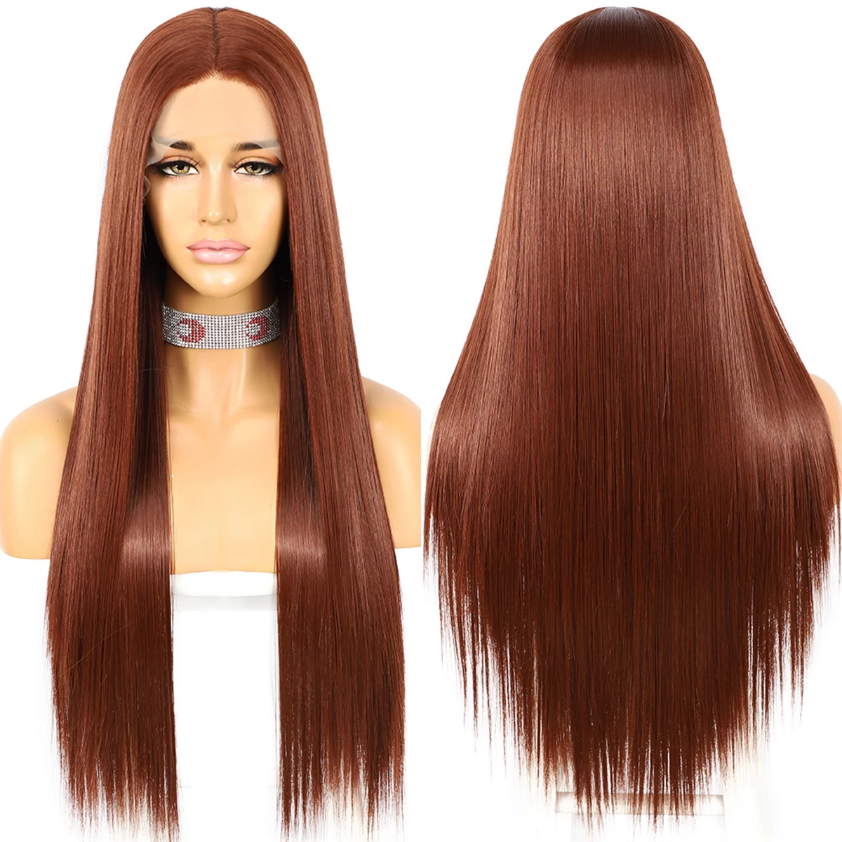 Ginger Red Synthetic Lace Wig Futura Fiber T Part Long Straight for Women Party Daily Use High Temperature Cosplay Make Up | Шиньоны и