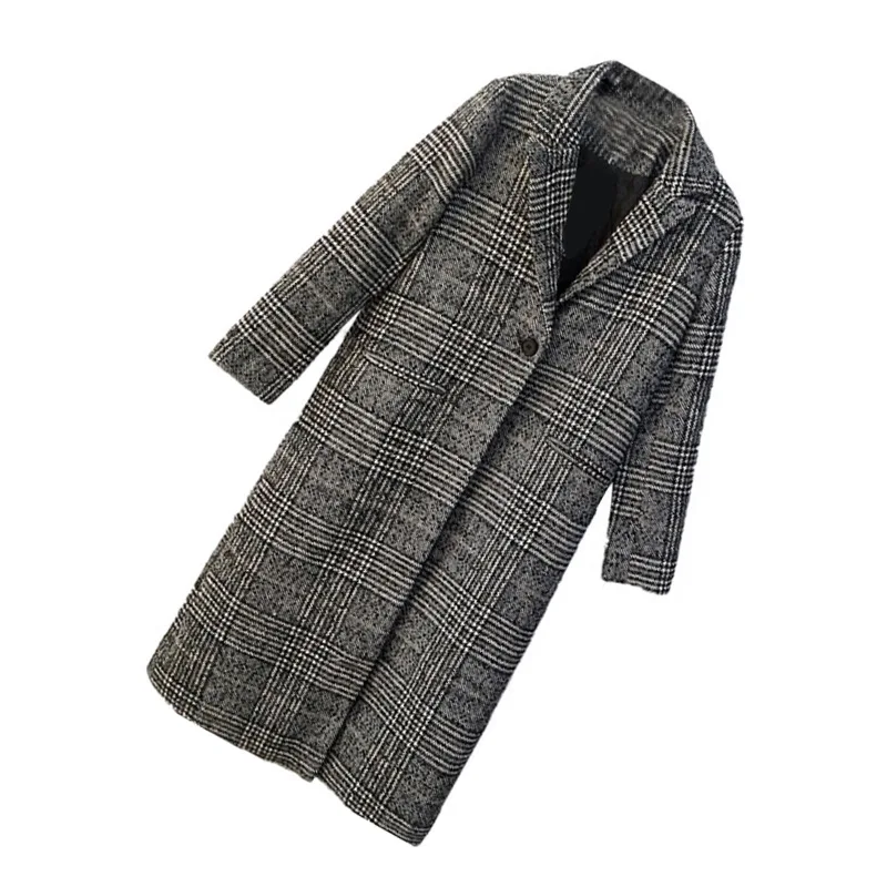 Женское зимнее пальто с длинным рукавом, теплое клетчатое шерстяное женское элегантное двубортное шерстяное длинное пальто размера плюс w014