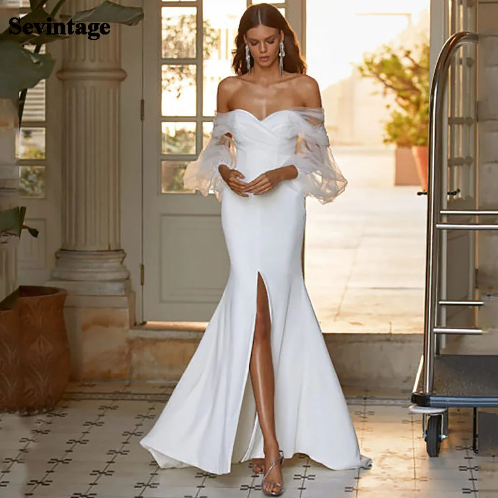 

Sevintage Mermaid Boho Wedding Dresses Puff Sleeve Satin Wedding Gowns Side Split Plus Size Bridal Party Dress