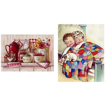 

2 Set 100% Diy 5D Diamond Painting Full Drill Kitchen Stitch Diamond Embroidery Patterns Red Tablewares & Child Puppy