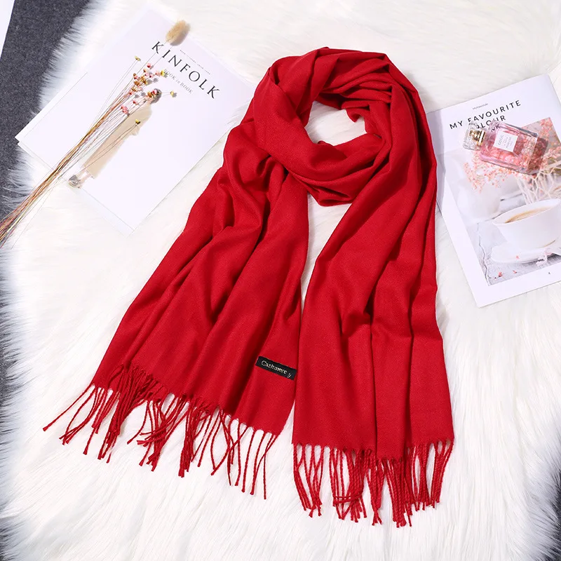 Girita Women's Scarves Autumn Winter Soft Cashmere New Solid Color Wraps Thin Long Scarf with Tassel Casual Lady Female Shawl - Цвет: Big red