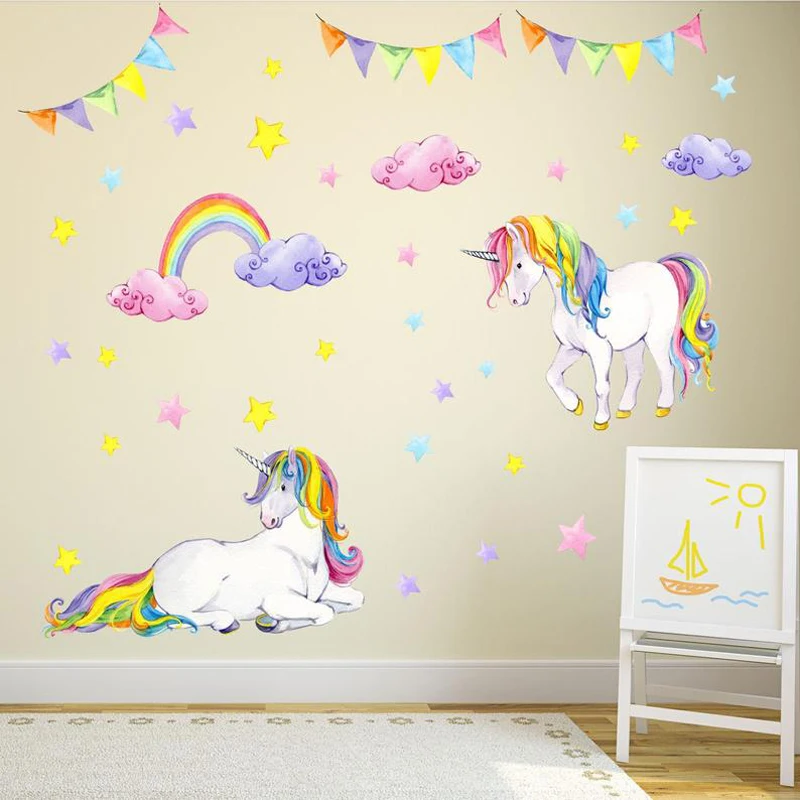 Unicorn Flower Full Color Wall Decal night Moon Sticker Mural Nursery Decor SD26 