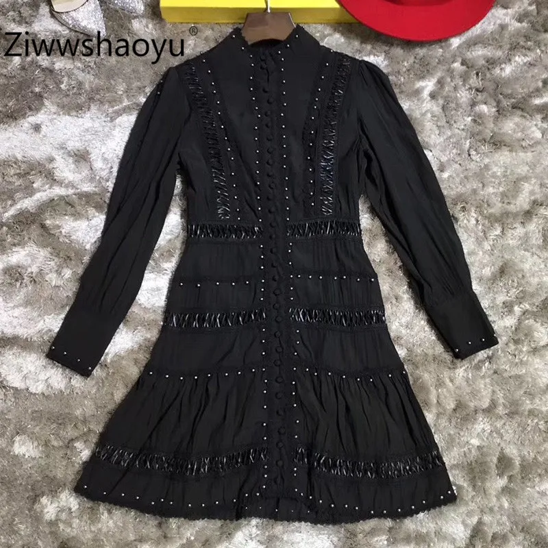 Ziwwshaoyu/высококачественное осенне-зимнее Брендовое короткое платье женские однобортные белые платья с длинным рукавом и отделкой из бус