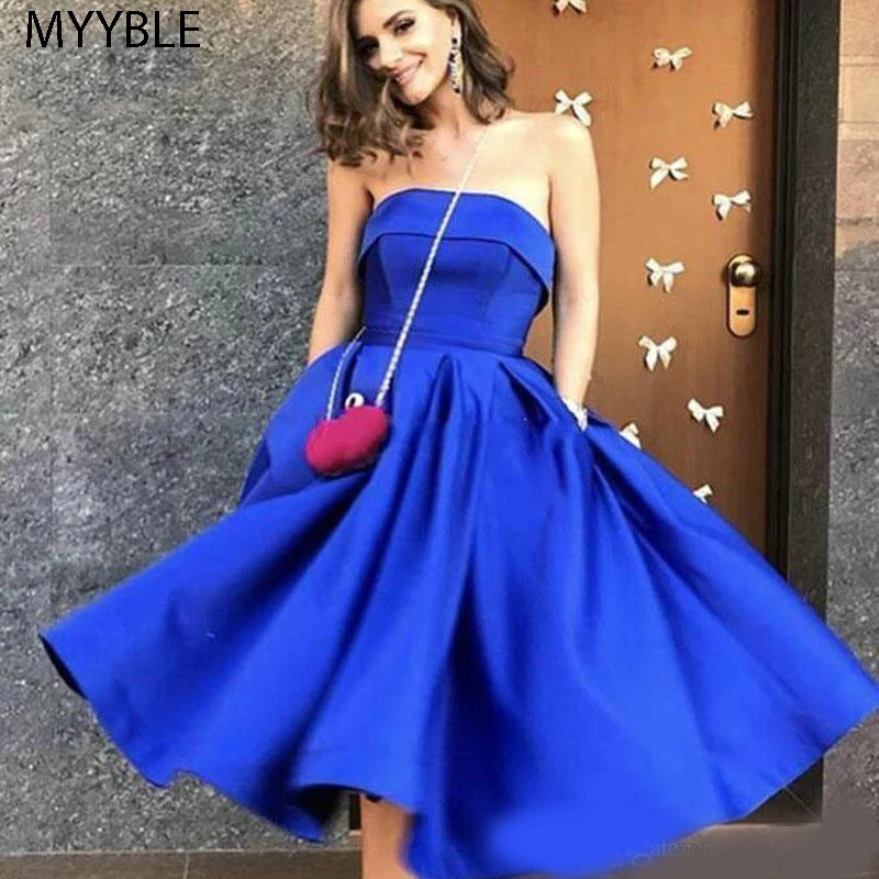 MYYBLE ярко-синее без бретелек платья для выпускного вечера Складки с рюшами чай