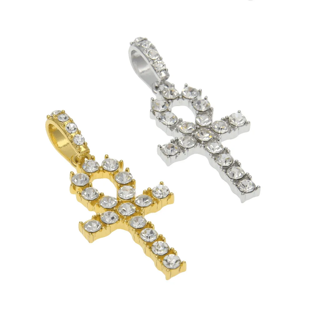 

LK Zircon Men's Women's Alloy Hip Hop Ice Out Ankh Cross Pendant Tennis Chain Egyptian Key to Life Pendant Necklace Jewelry