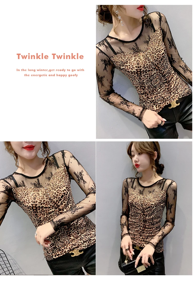 New 2020 Autumn long sleeve Women t-shirts Fashion Sexy hollow out Hot drilling Mesh shirt Plus size womens shirt blusas
