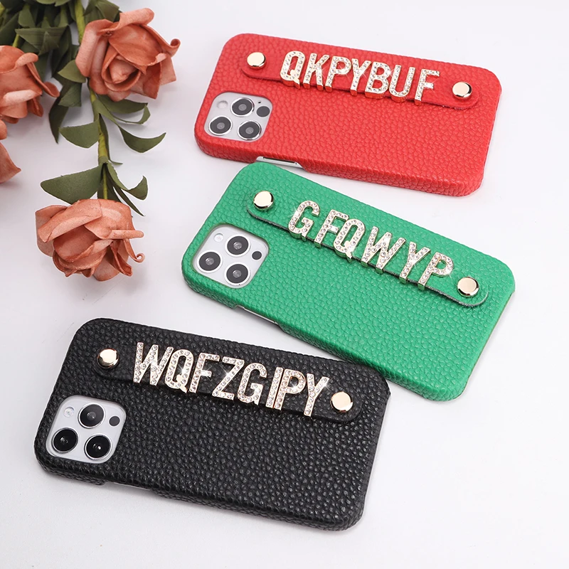 Luxury Custom Initial Name Pebble Leather Phone Case For iPhone 11 12 13 Pro Mini Max XR XS 7 8Plus Diamond Metal Letters Cover Luxury Custom Initial Name Pebble Leather Phone Case For iPhone 11 12 13 Pro Mini Max XR XS 7 8Plus Diamond Metal Letters Cover
