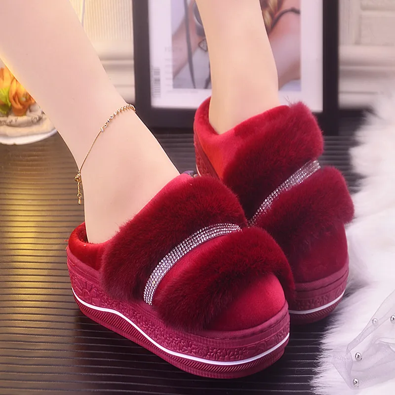 Wine red Зимние меховые тапочки; милые домашние тапочки; сезон осень-зима; нескользящая домашняя женская обувь на высоком каблуке; женские хлопковые меховые Тапочки - Цвет: Wine red
