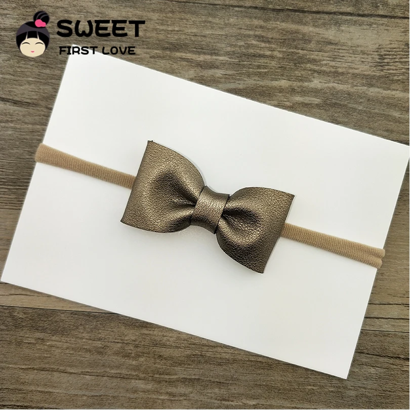 Детская кожаная повязка на голову ручной работы с бантом и эластичной резинкой