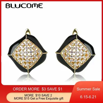 

Blucome Fashion Square Shape Copper Stud Earrings Full Rhinestones Black Enamel Gold Color Earrings For Women Party Ears Jewelry