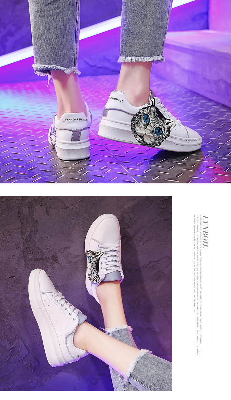 Новинка года; женские светящиеся кроссовки на шнуровке с головой кота; белые кроссовки на плоской подошве; удобная спортивная обувь