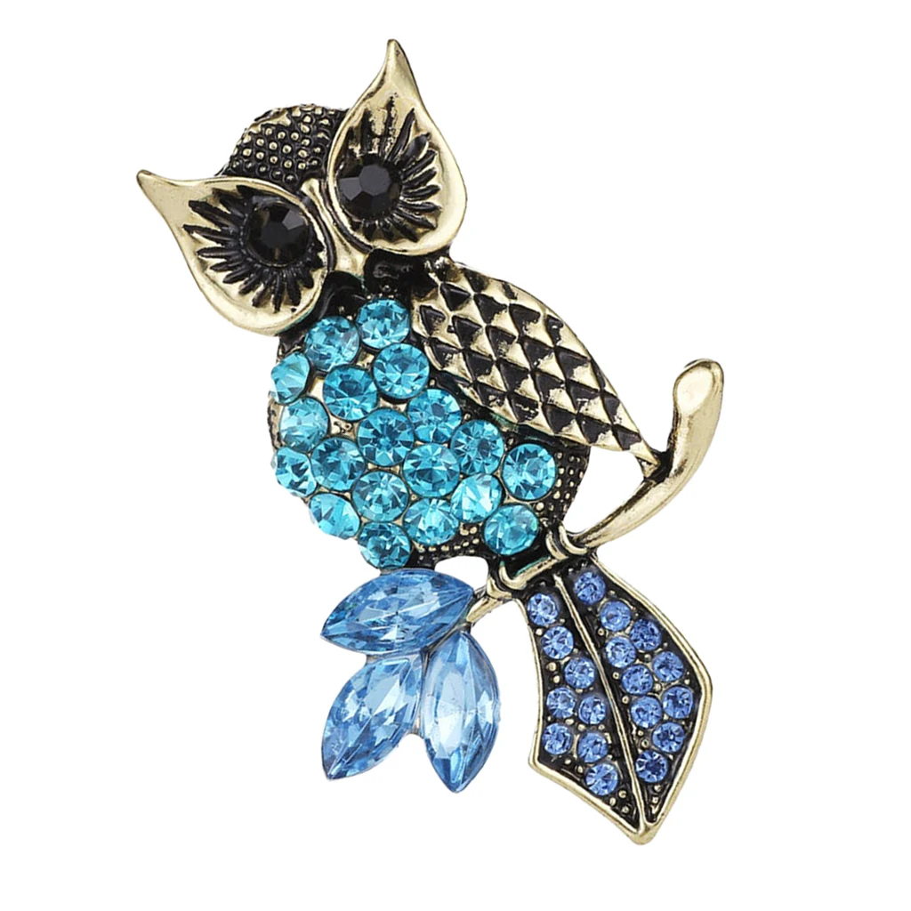 Blue Rhinestone Horned Owl Bird Brooch Pin Wedding Party Jewelry Brooch