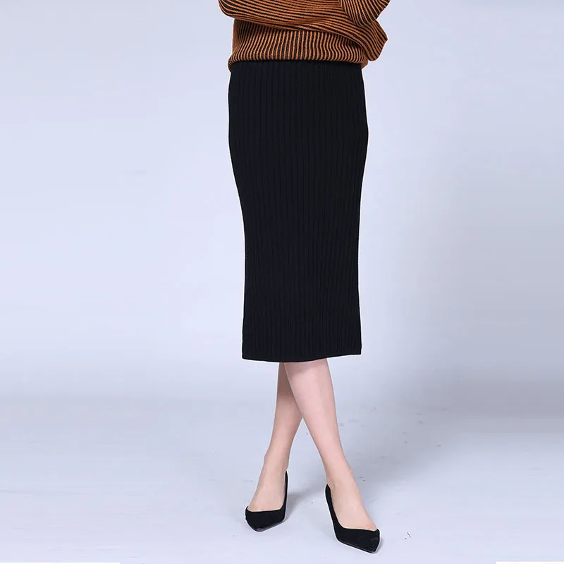 

2019 Autumn And Winter New Style High-waisted Sheath Knitted Dress Mid-length Solid Color Slit Step Skirt Yarn Skirt Women's