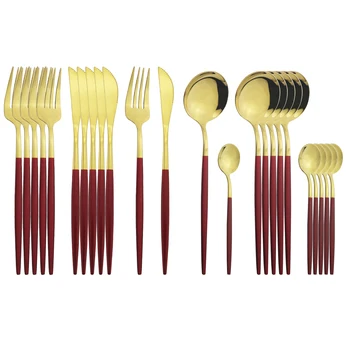 

Red Gold Cutlery Set Stainless Steel Dinnerware Set Knives Fork Coffee Spoon 24Pcs/Set Flatware Set Kitchen Dinner Tableware Set