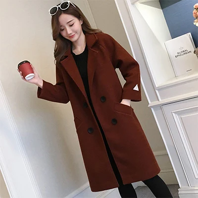 Однотонное зимнее шерстяное пальто, женское свободное двубортное длинное кашемировое пальто, Женское шерстяное пальто размера плюс, осенняя верхняя одежда - Цвет: Brown