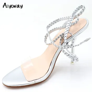 

Aiyoway New Summer Roman Open toe Hollow Sandals Ankle Strap Cross-Strap Woman PVC Sandals High Heels Party Sandals Sliver