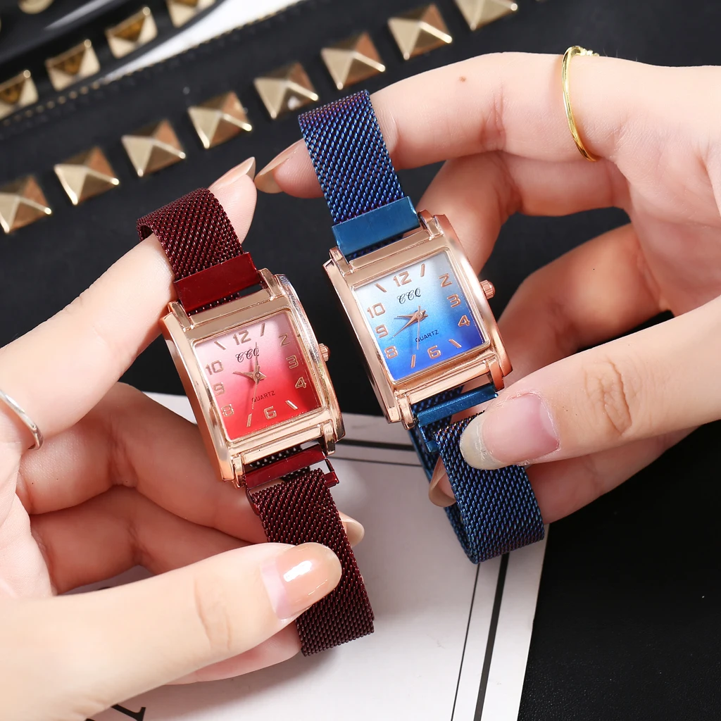 Женские квадратные часы с арабскими цифрами, роскошные женские кварцевые часы с магнитной пряжкой градиентного цвета, часы для подарка