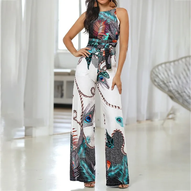 

Jumpsuit Women Spaghetti Strap Peacock Feather Print Lace Up Bodysuit Sleeveless Plus Size Loose Wide Leg Overalls For Women