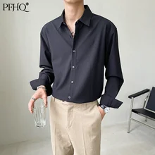 PFHQ camisa plisada de manga larga para hombre, camisa holgada de Color sólido a la moda, estilo coreano, para primavera y otoño, 21E1169, novedad de 2021