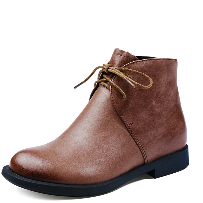 Female Genuine Cow Leather Woman Lace-up Ankle Black Boots Coffee Rubber Low Heels Height Zipper Riding Normal Size 35-40
