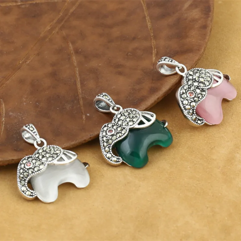 

925 Sterling Silver Jewelry Retro Thai Silver Men And Women Inlaid White Opal Red Garnet Couple Elephant Pendant