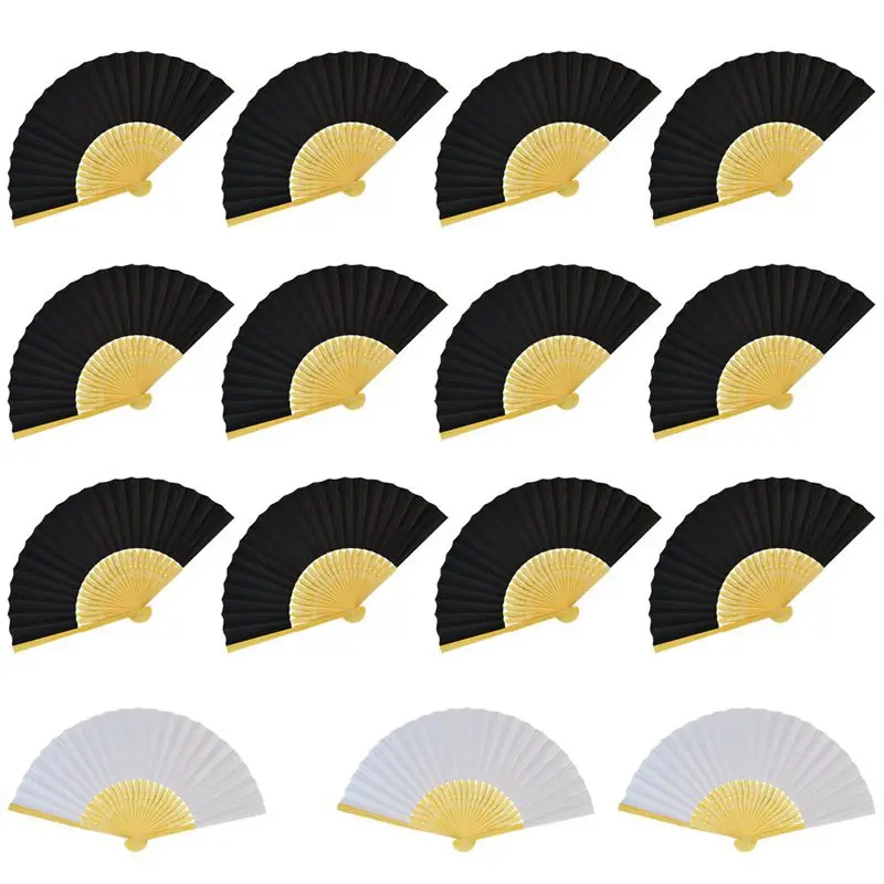 15 Pcs Bamboo Folding Fans Handheld Folded Fan For Wedding Party And Home Office Diy Decor(12Pcs Black Fan And 3 Pcs White Fan