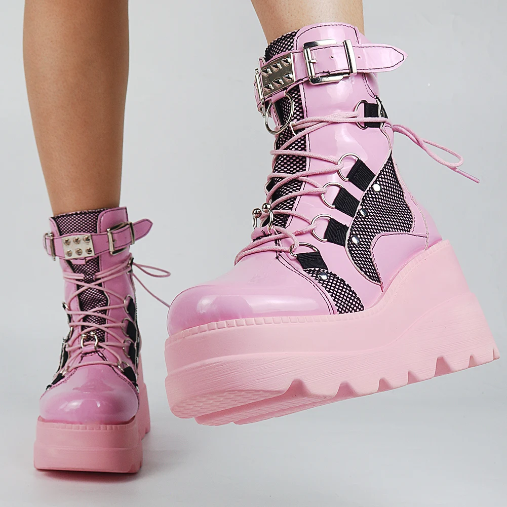 GIGIFOX Brand Fashion Gothic Big Size 43 High Heels Black Back Zipper Ankle Platform Boots Street Cool Woman Wedges Shoes 