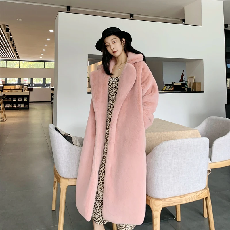 light pink Высококачественное теплое пальто из искусственного меха, женская зимняя куртка из искусственного меха, роскошное плюшевое пальто с отворотом, Женское пальто большого размера, плюшевое пальто - Цвет: light pink