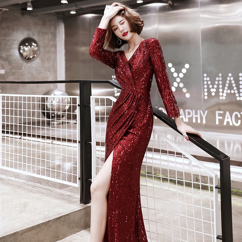 It's YiiYa Eveing Gowns V-Neck Ruched Long Sleeve Robe De Soiree Split Floor-Length Sequined Mermaid Dress Woman Party K060