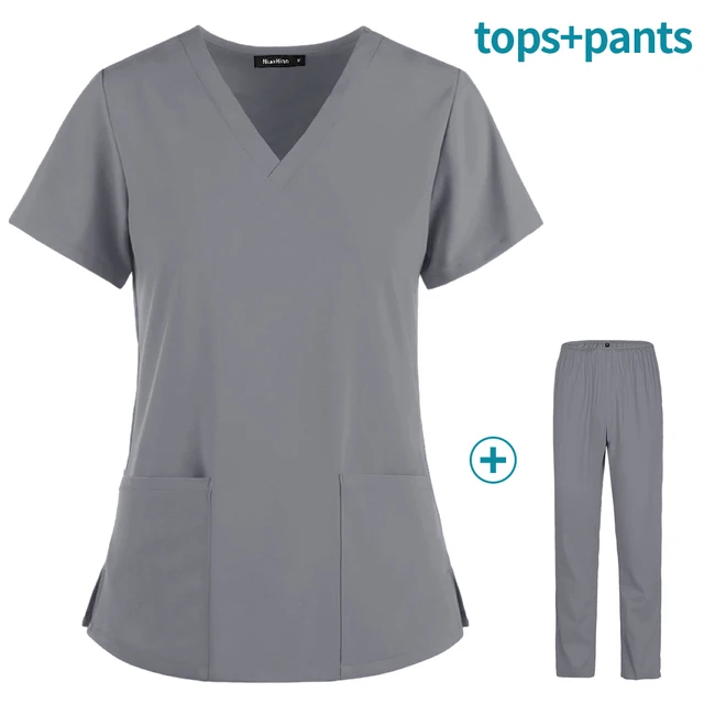 Hot Sales Nurse Uniform Women Short Sleeve Neck Tops Working Uniform Blouse Scrubs Workwear Nursing Women Scrubs Pants Elastic Grey