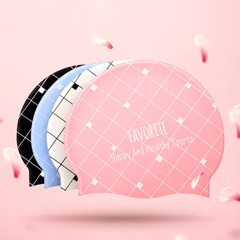 

Ins Plaid Swimming Cap Silicone Swimcap Hats Lady Diving Accessories Plus Size Women Long Hair Fit Head Waterproof High Elastic