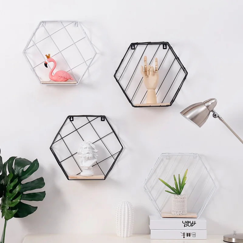 Simple Hexagon Storage Shelf Holder Mesh Frame Creative Nordic Iron with Wood Mesh Wall Mounting Shelf Wall Decoration Shelves