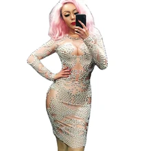 

Rhinestones Pearl Bag Hip Dress Long Sleeve Knee-Length Dress Ladies Nightclub Performance Dance Costume Dance Stage Wear