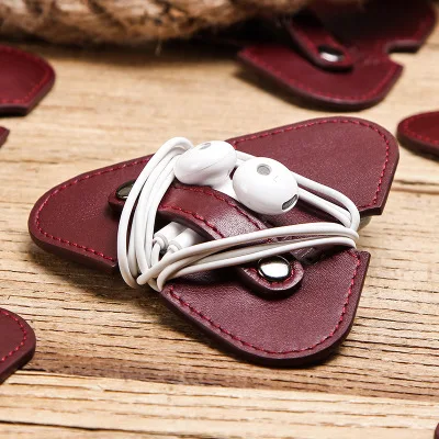 Headphone winder leather red triangle data cable protective cover universal hub storage device holder case carry