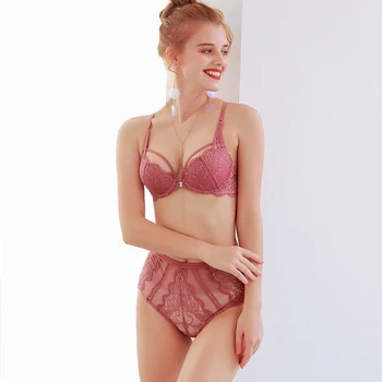 

2020 Floral Lace Front Closure Backless Push Up Bra Set Medium Padded Sexy Lace Mesh High-waist Panties Underwear Women Lingerie