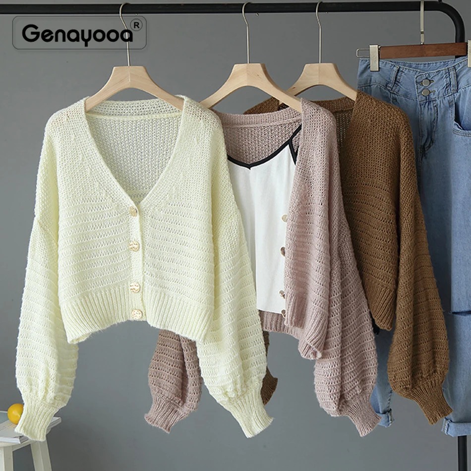 

Genayooa Brand Losse V Neck Thin Cardigan Female Autumn 2019 Short Puff Sleeve Sweater Women's Jacket Jumper Korean Style Women