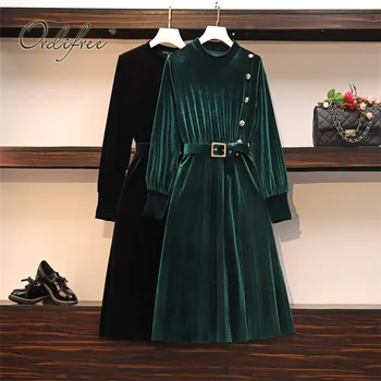 

Ordifree 2020 Spring Autumn Women Velvet Pleated Dress Long Sleeve Vintage Eleagnt Ladies Belted Party Dress Plus Size 4XL
