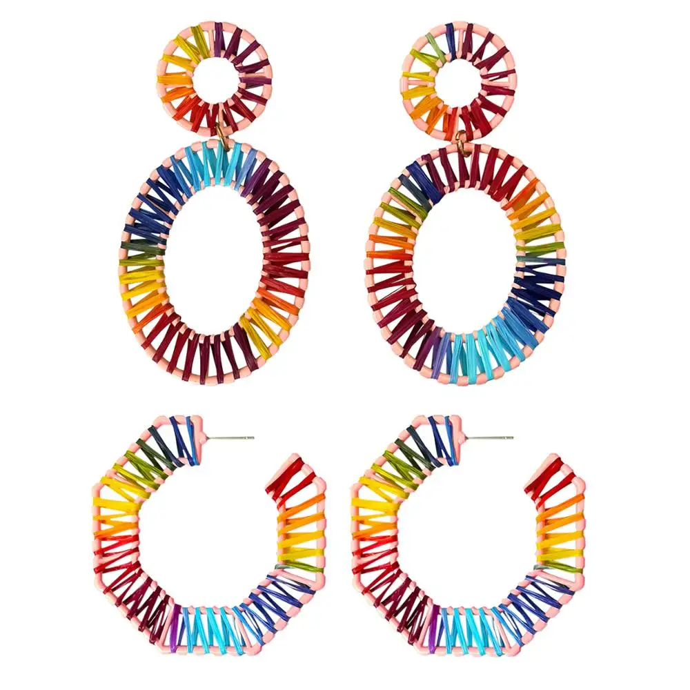 Boniskiss 2020 Fashion Jewelry Bijoux Rainbow Colorful Raffia Earring Big Oval Straw Statement Earrings For Summer Woman | Украшения и