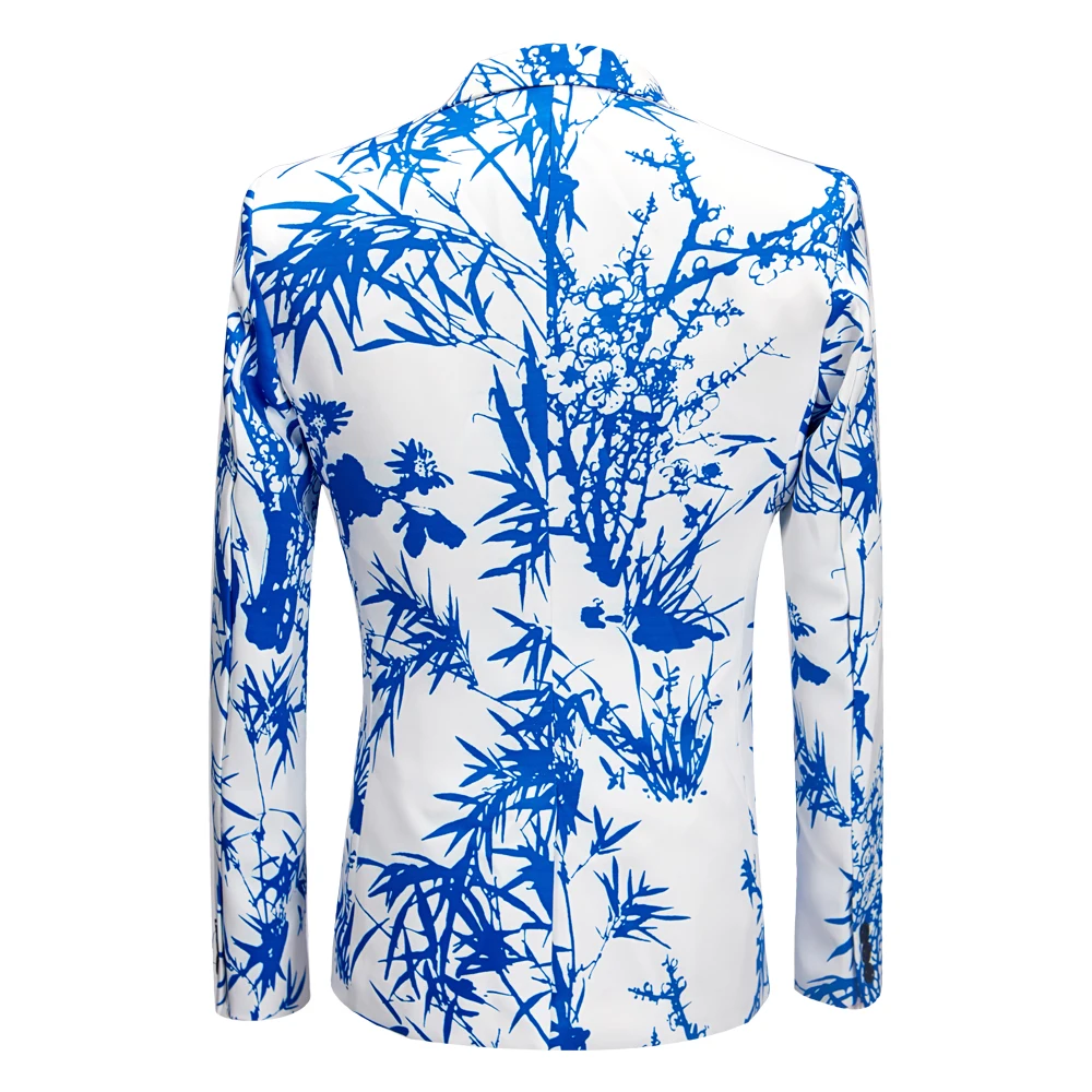 Mens Party Casual Blazer Print Blue Bamboo Pattern Design Slim Fit Men's Clothing Printed Suit Jacket Men's Wedding Dress Coat