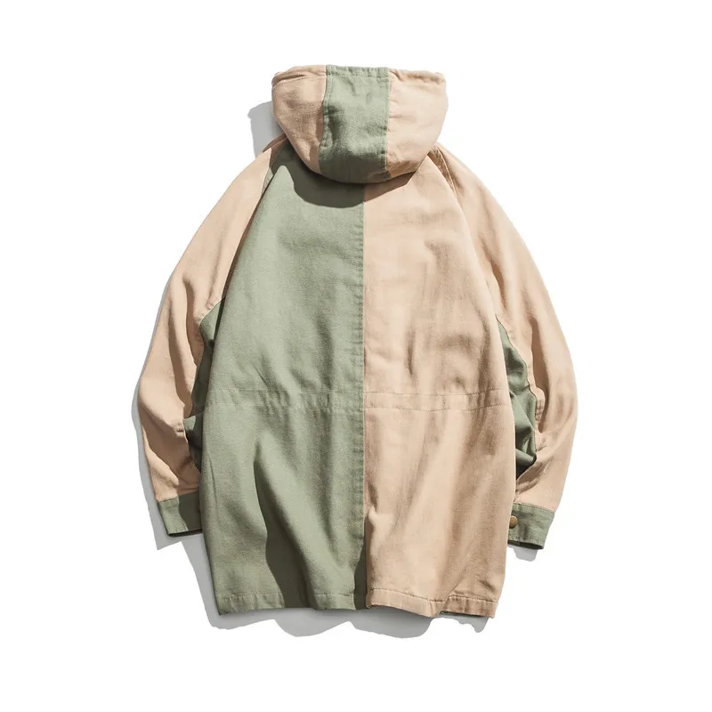 

Yi dao Vintage Mid-length Jacket Men's Japanese-style Contrast Color Joint Large Pocket Tops 2019 Spring Hooded Coat Fashion