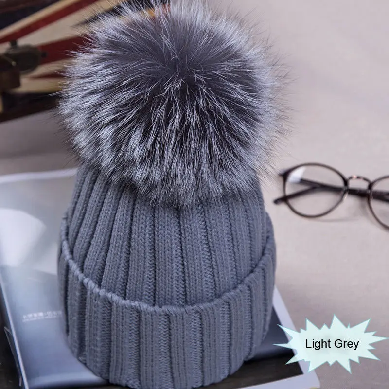 

Winter NEW Women Pom Pom Beanies Warm Knitted Bobble Girl Fur Pompom Hats Real Raccoon Fur Pompon Casual Hat Cap