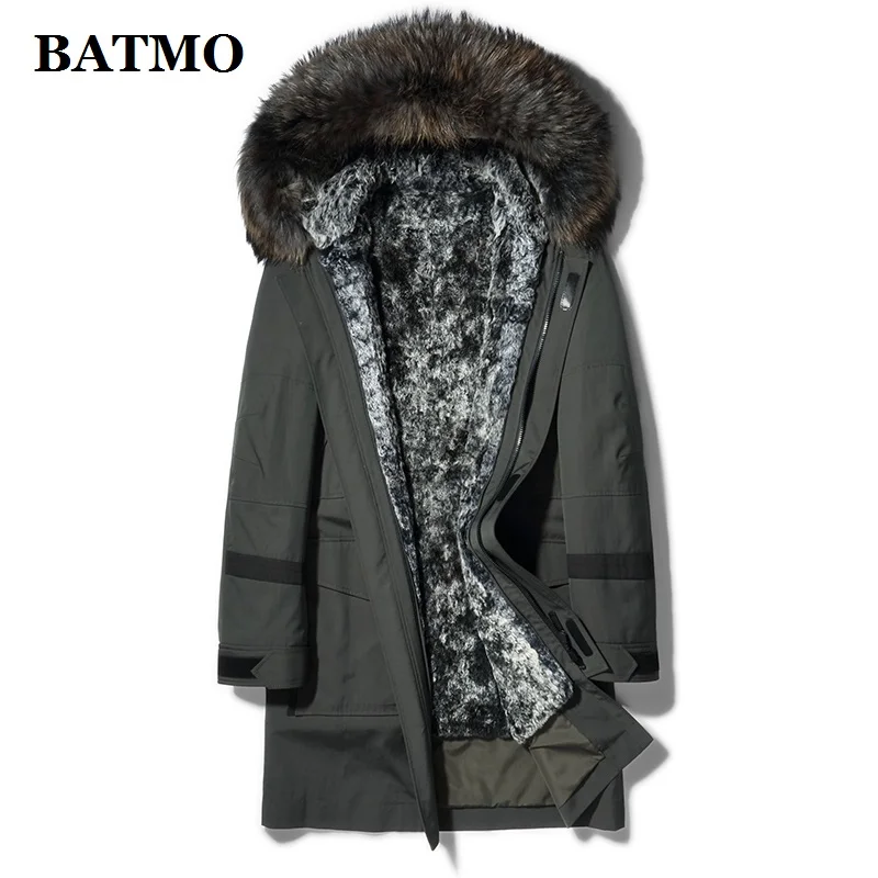 BATMO natrual меховые парки, воротник из меха енота и подкладка из кроличьего меха, толстые куртки с капюшоном для мужчин, меховое пальто для мужчин, G1908 - Цвет: Армейский зеленый