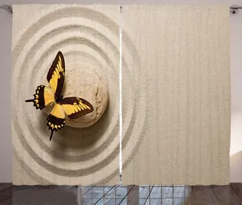 

Pale Sepia Brown Mustard Stones Curtains a Single Butterfly a Pebble Tranquil Harmony Living Room Window Drapes