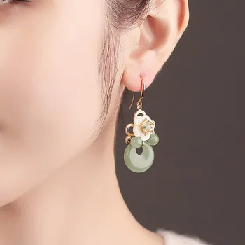 

Ethnic Chinese Amulet Earrings for Women Big Stone Fashion Statement Dangle Earring Bohemian Fringe Flower Vintage Earring