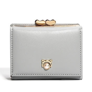 

Women Slim Fashion Pearl Element Coin Purse Small Metal PU Leather Practical Wallet Card Holder Multi Purpose Short Gift