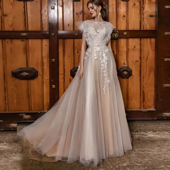 

Ruby Bridal Long Custom Made Wedding Dresses свадебное платье 2020 Champagne Tulle Lace Scoop Bridal Gown vestido de novia
