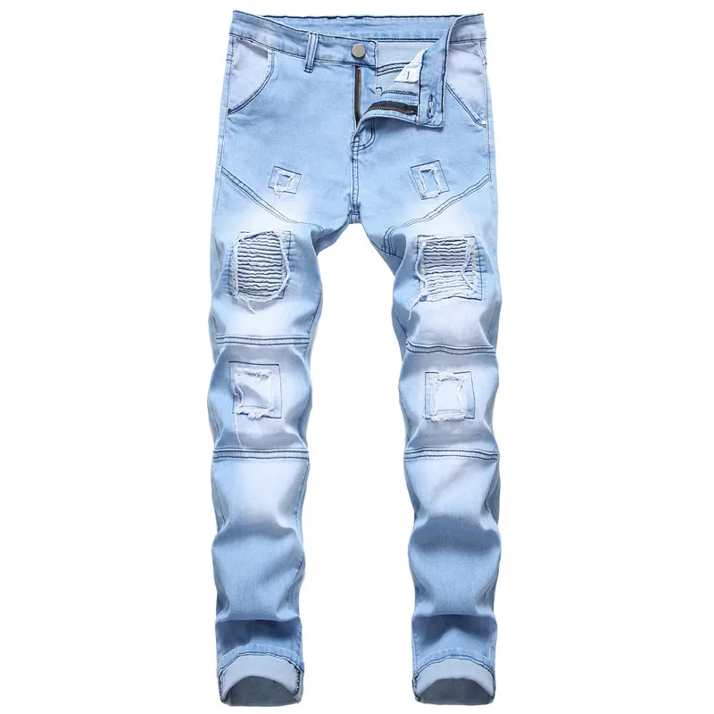 Light blue Джинсы мужские новые мужские стрейч черные джинсы локомотив сшивание мужские джинсовые брюки мужские прямые черные брюки - Цвет: Light blue