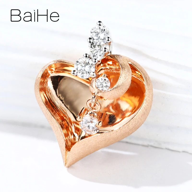 

BAIHE Solid 14K Rose+White Gold Total 0.15ct Natural Diamonds Women Trendy Fine Jewelry Wedding beautiful Heart Gift Pendant